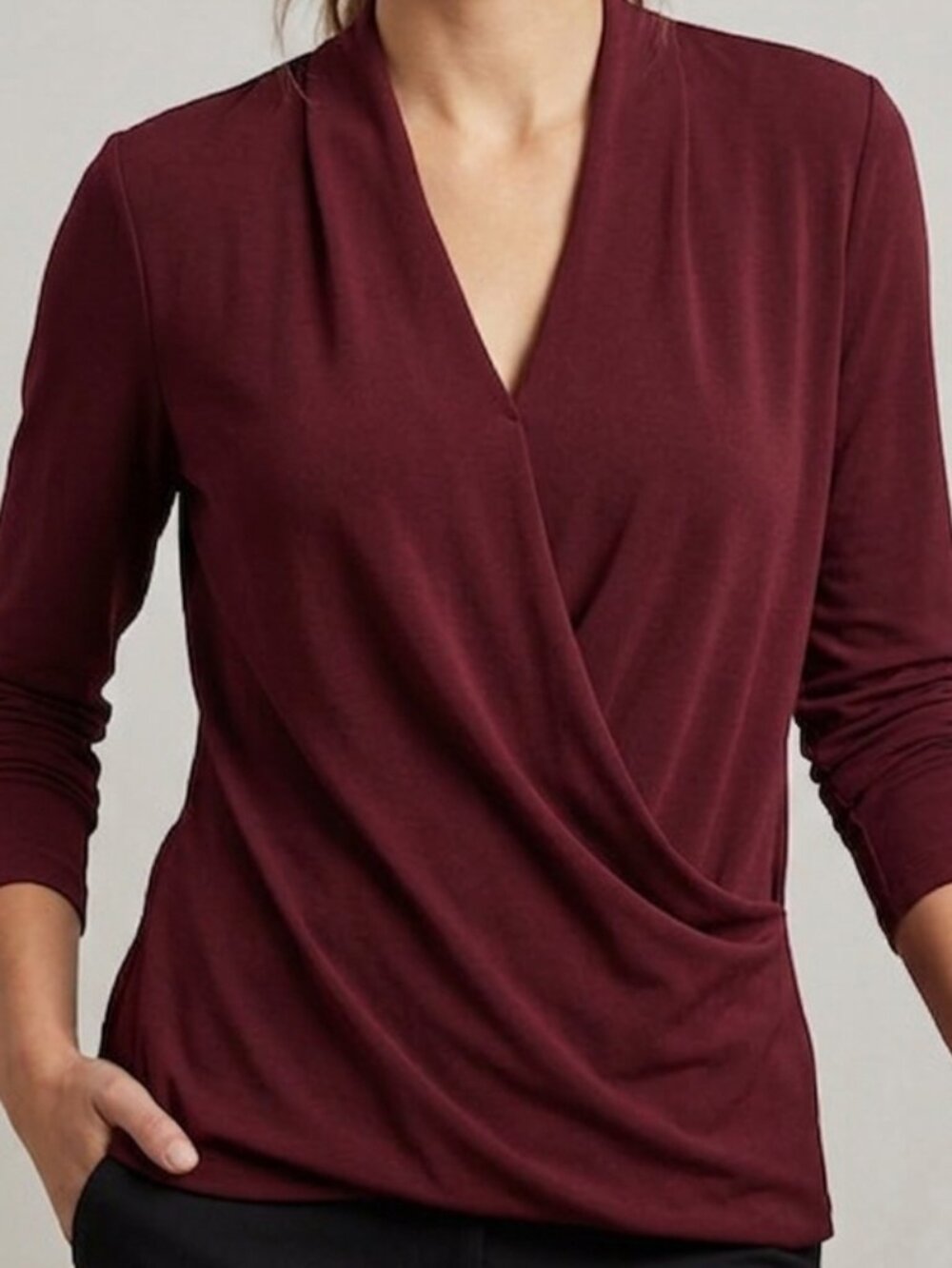Nine West Burgundy Long Sleeve Wrap Blouse - Size L *No closure at bust*